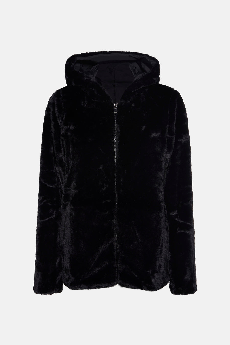 Veste de pluie noire de Laura Jo, avec capuche et fermeture éclair sur fond blanc.