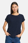 Navy blue short-sleeve t-shirt with subtle speckled texture, round neckline, and relaxed fit, worn with jeans in front view