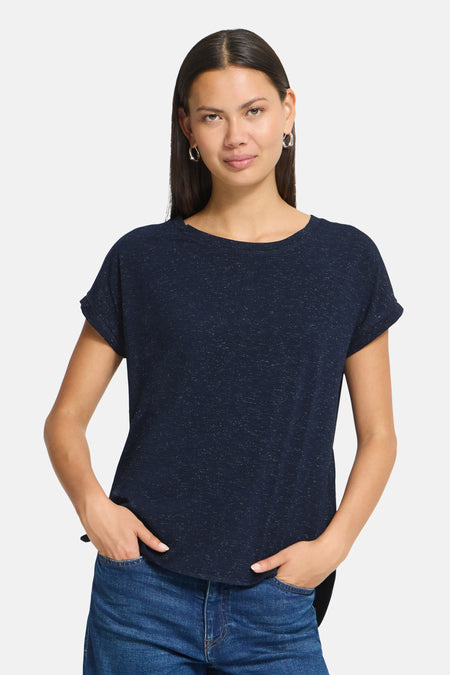 Navy blue short-sleeve t-shirt with subtle speckled texture, round neckline, and relaxed fit, worn with jeans in front view