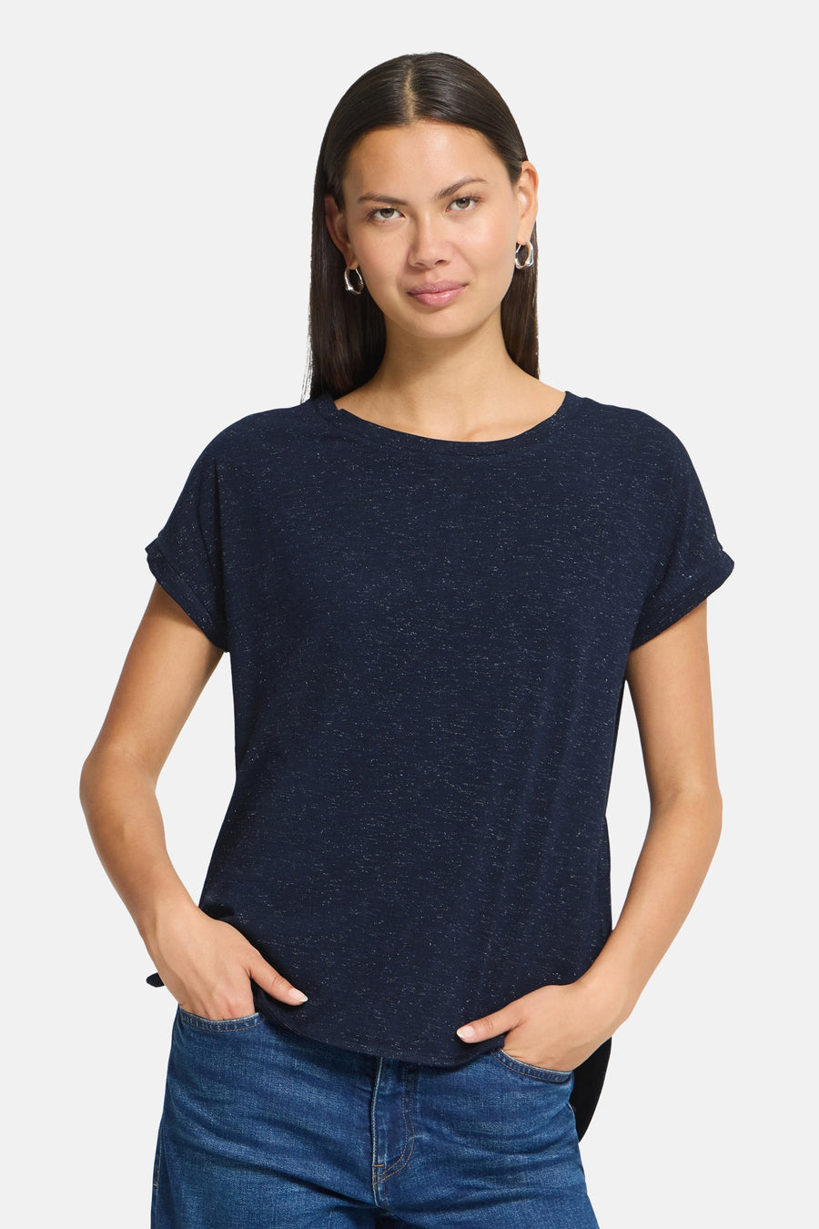 Navy blue short-sleeve t-shirt with subtle speckled texture, round neckline, and relaxed fit, worn with jeans in front view
