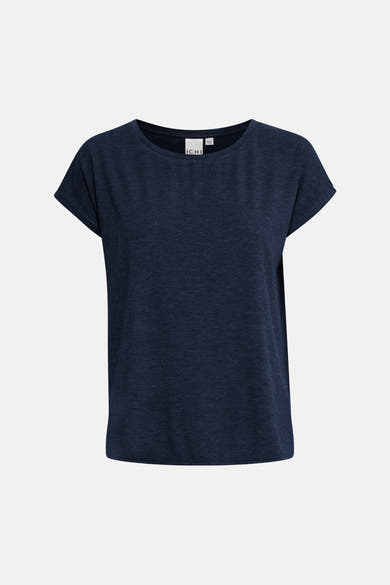 Navy blue short-sleeve t-shirt by ICHI, featuring a relaxed fit and subtle heathered texture, front view.