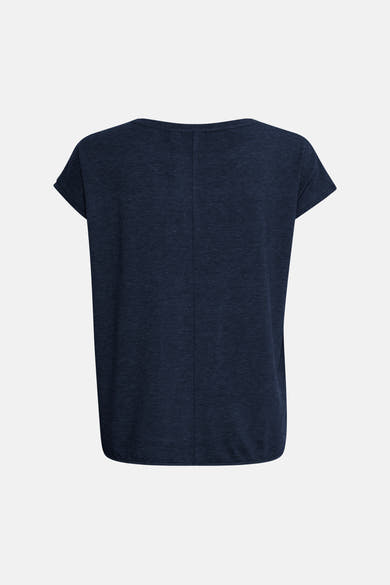 Navy blue short-sleeve t-shirt with subtle heather texture, back view showing center seam and rounded hem.