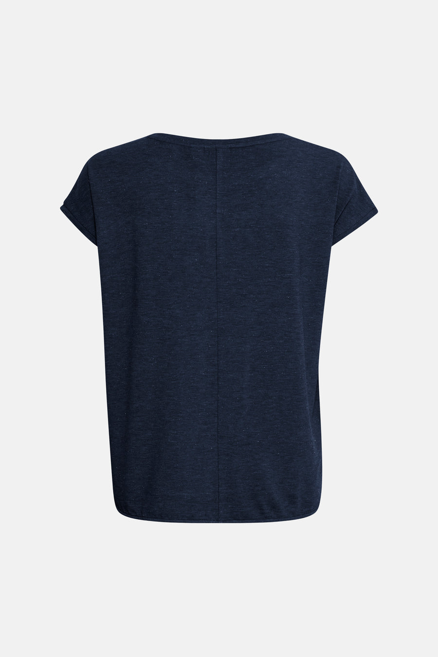 Navy blue short-sleeve t-shirt with subtle heather texture, back view showing center seam and rounded hem.
