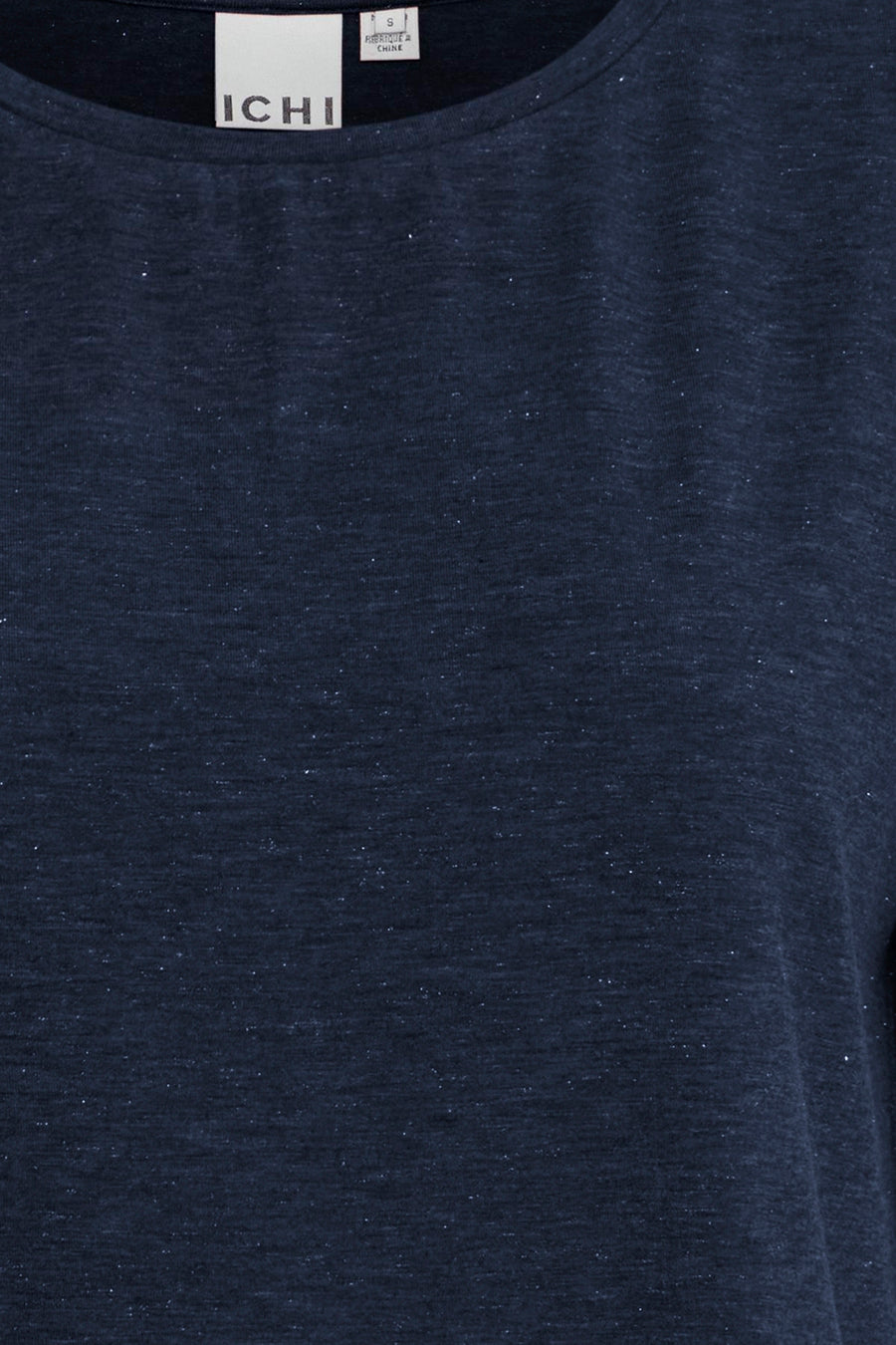 Navy blue short-sleeve t-shirt by ICHI with subtle shimmer texture, close-up front view