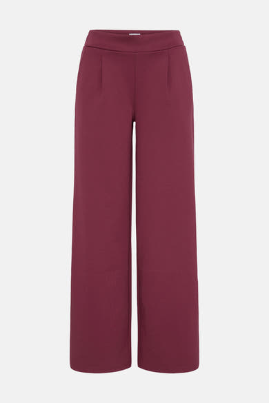 Burgundy wide-leg trousers with elastic waistband, front pleats, and smooth knit texture, shown front view on white background