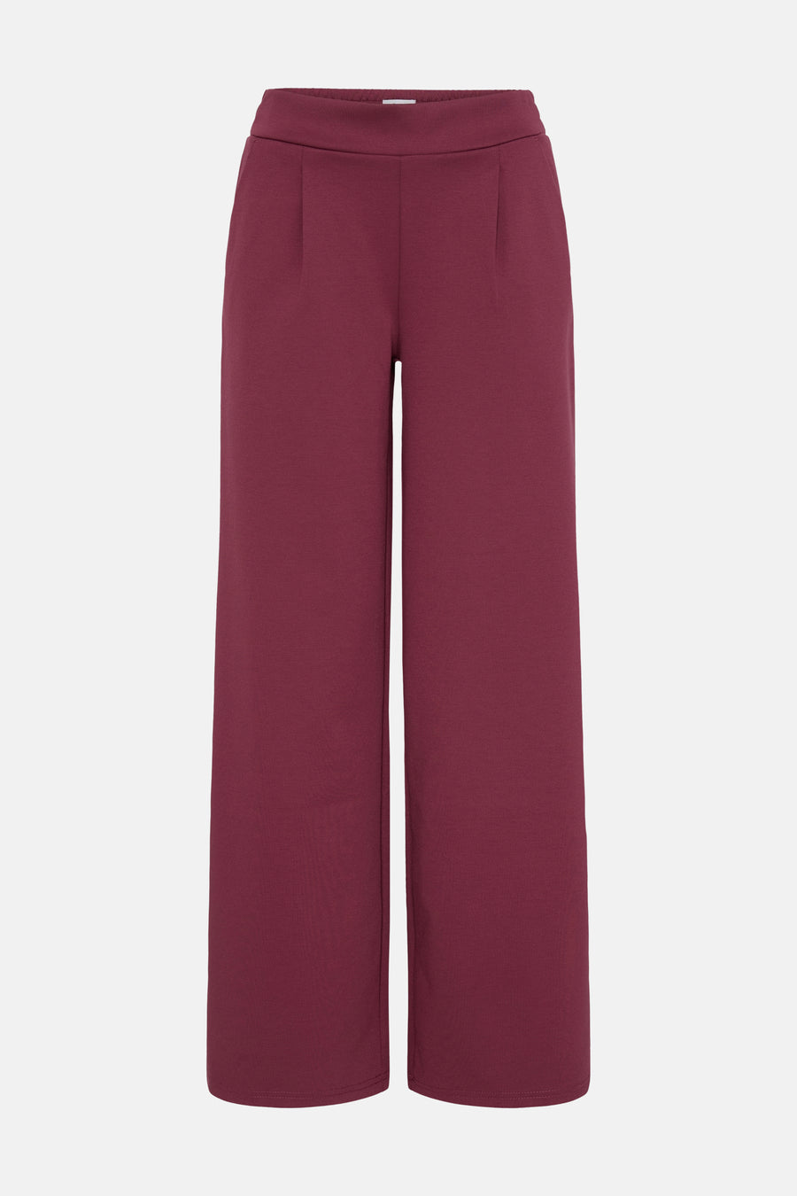 Burgundy wide-leg trousers with elastic waistband, front pleats, and smooth knit texture, shown front view on white background