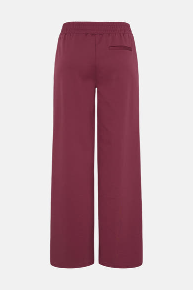 Burgundy wide-leg pants with elastic waistband and back pocket, shown from rear view