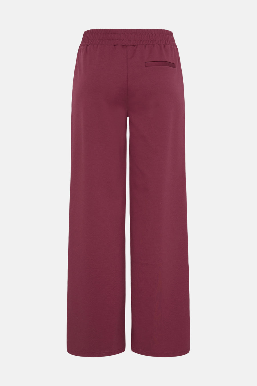 Burgundy wide-leg pants with elastic waistband and back pocket, shown from rear view