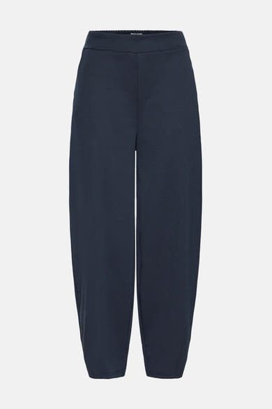 Navy blue wide-leg trousers by ICHI, featuring elastic waistband and ribbed texture, front view