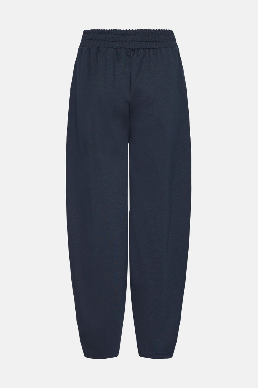 Navy blue relaxed-fit pants with elastic waistband by ICHI, featuring tapered legs and smooth fabric, front view.
