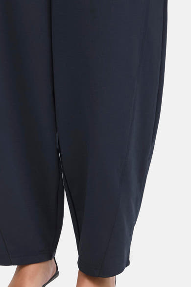 Navy blue wide-leg cropped pants by ICHI, smooth textured fabric, side view with clean hem detail