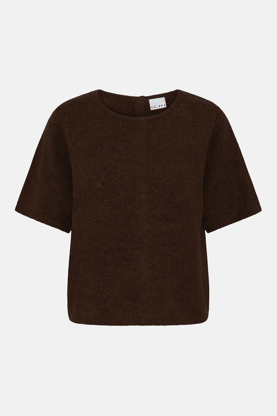 Brown short-sleeve crewneck sweater by ICHI, featuring a soft knit texture and relaxed fit, front view.