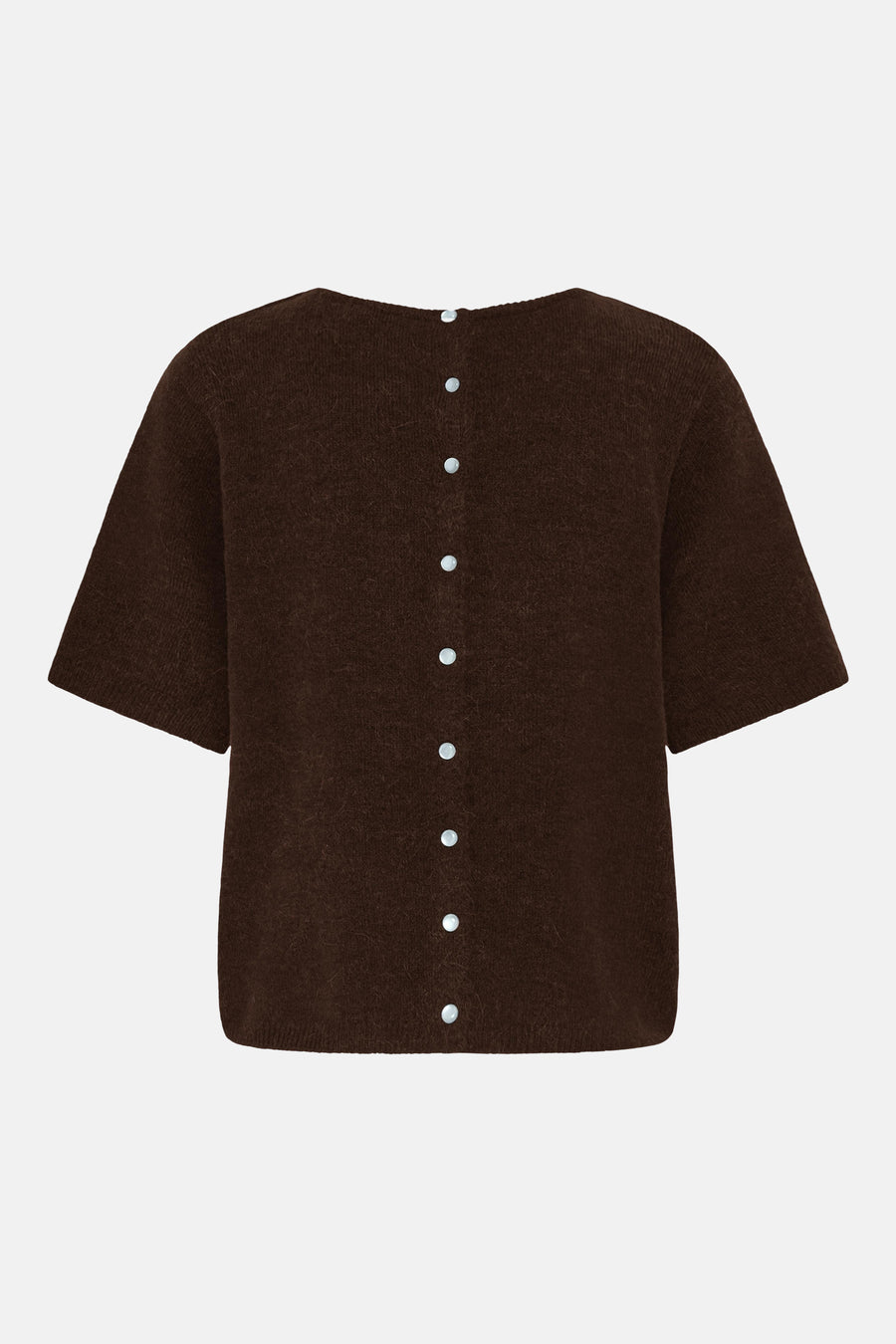 Brown O-neck sweater with short sleeves and white buttons down the back, textured knit fabric, back view