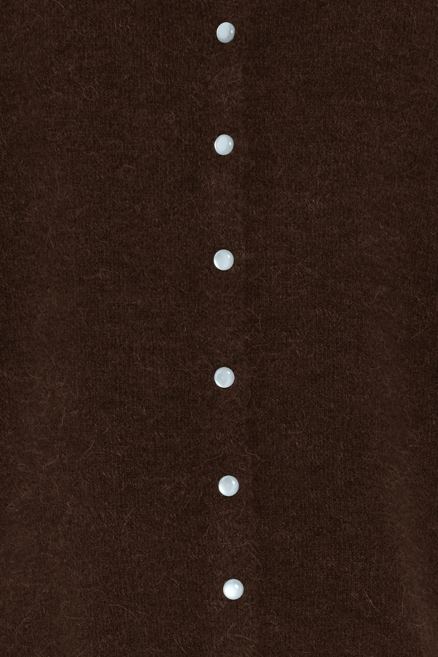 Brown O-neck sweater with white buttons, textured knit fabric, close-up front view