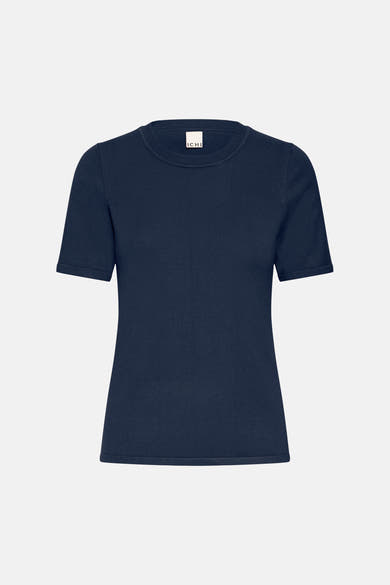 Navy blue short-sleeve crewneck knit top by ICHI, ribbed texture, front view
