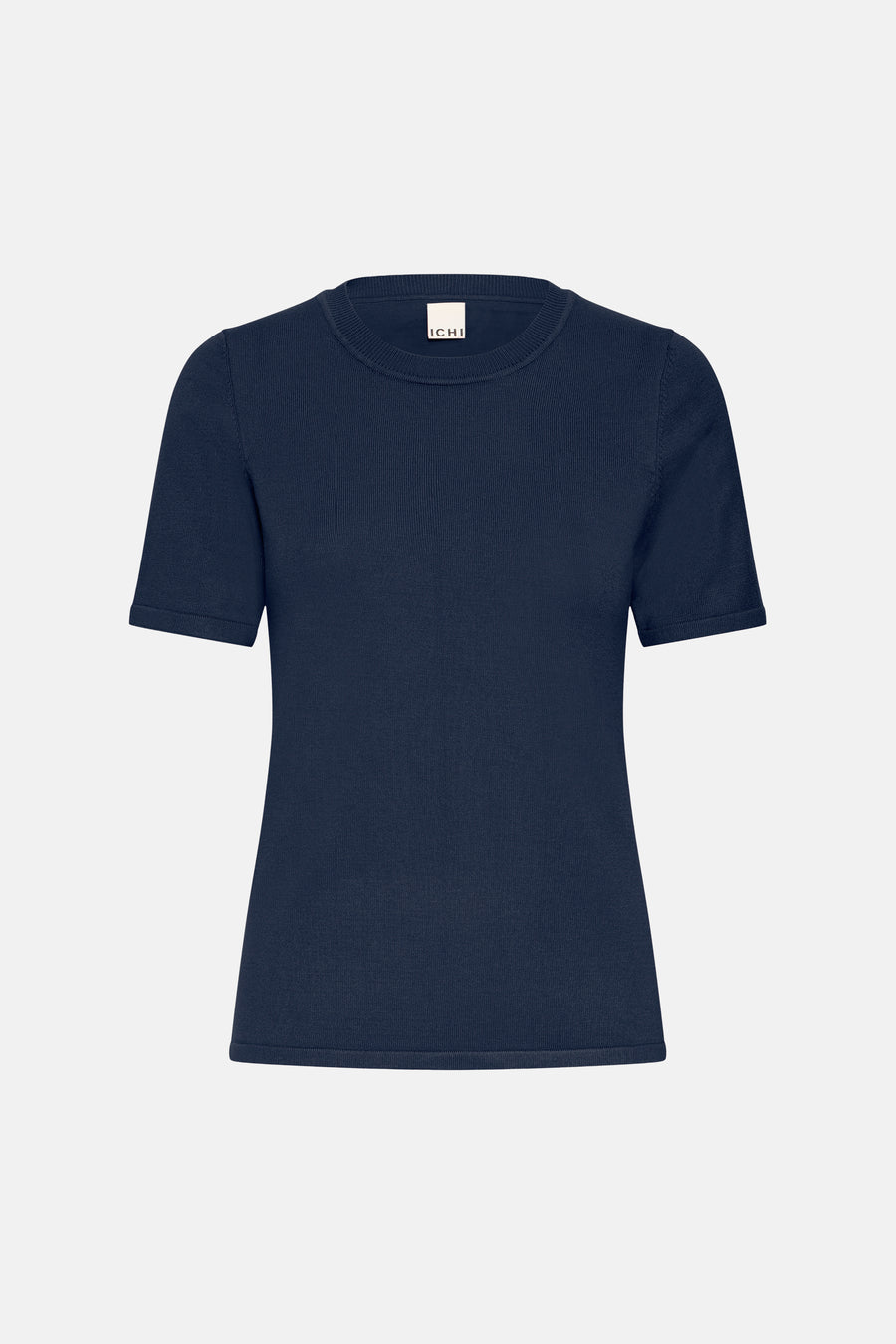 Navy blue short-sleeve crewneck knit top by ICHI, ribbed texture, front view