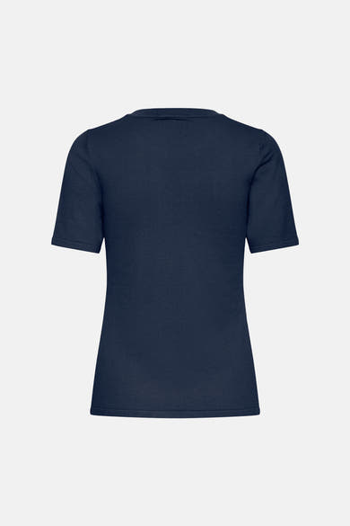 Navy blue short-sleeve crewneck pullover with ribbed texture, back view, solid color, fitted cut