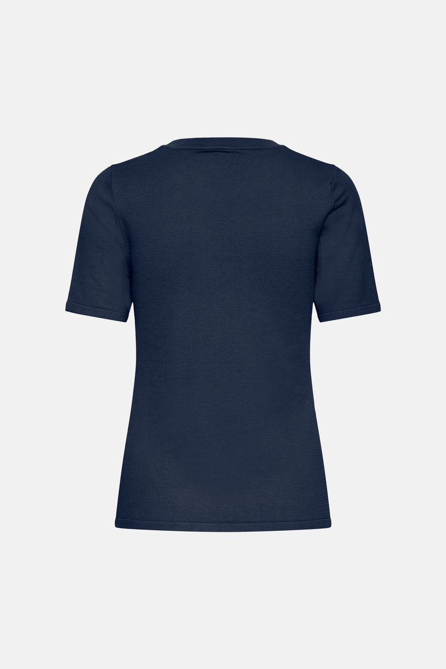 Navy blue short-sleeve crewneck pullover with ribbed texture, back view, solid color, fitted cut