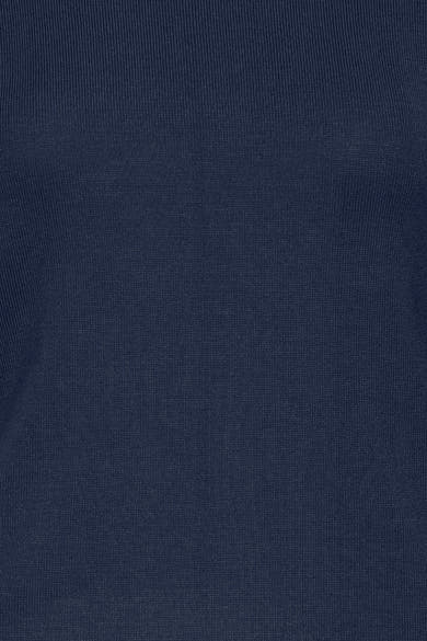 Navy blue ribbed knit O-neck sweater with fine texture, close-up front view