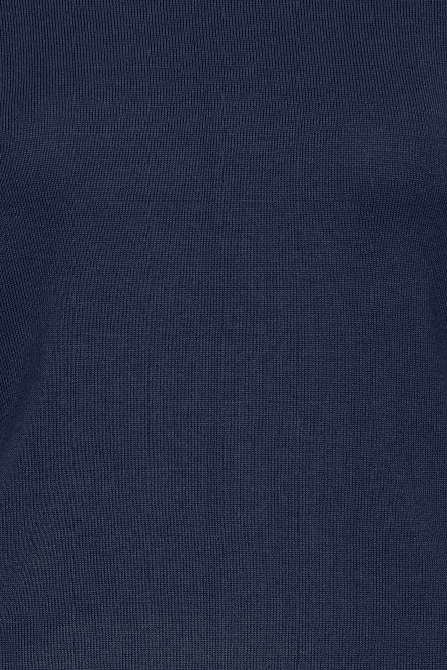 Navy blue ribbed knit O-neck sweater with fine texture, close-up front view