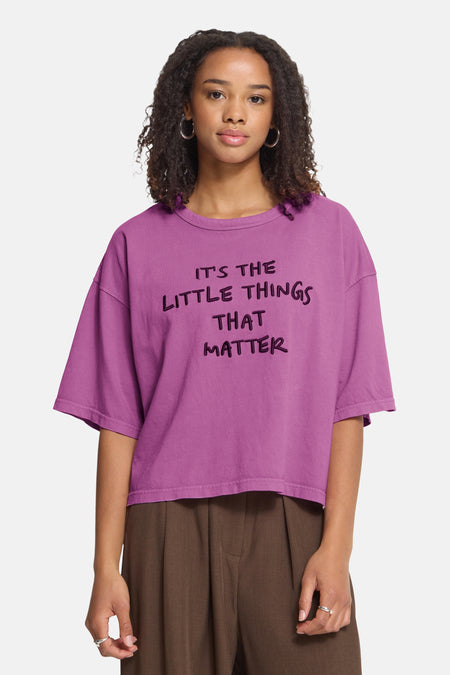 Rose short-sleeve T-shirt with black embroidered text "IT'S THE LITTLE THINGS THAT MATTER" in front view, worn with brown pants