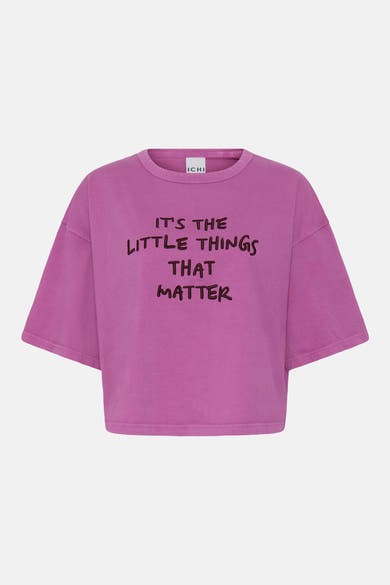 Pink short-sleeve T-shirt by ICHI with embroidered text "IT'S THE LITTLE THINGS THAT MATTER" in dark brown, front view