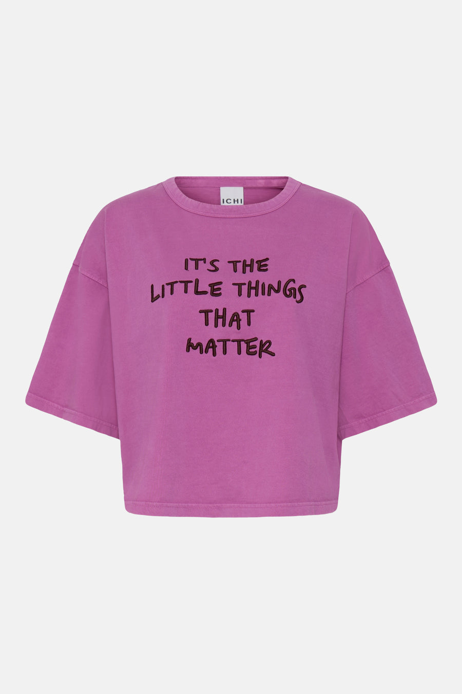 Pink short-sleeve T-shirt by ICHI with embroidered text "IT'S THE LITTLE THINGS THAT MATTER" in dark brown, front view