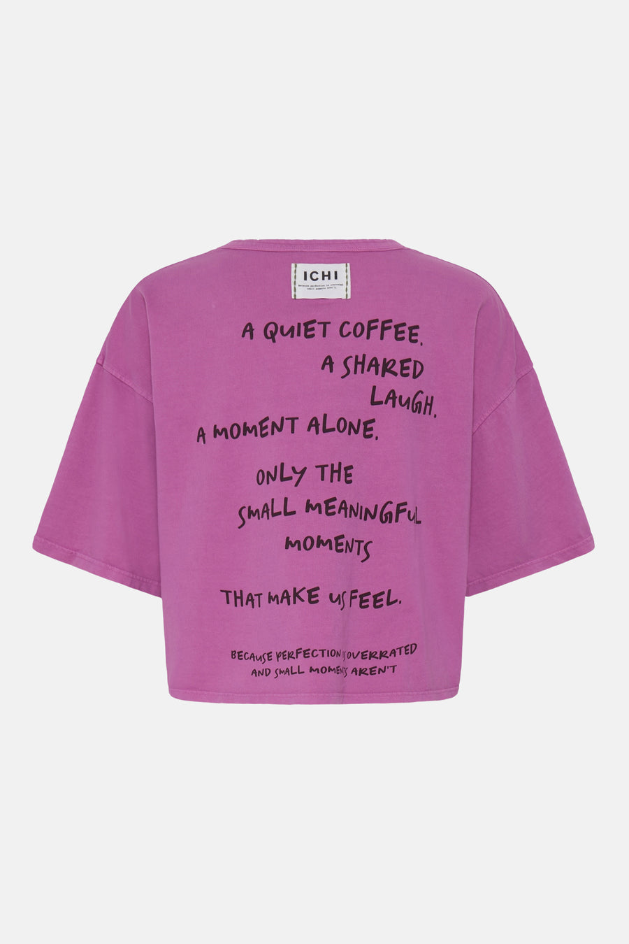 Pink short-sleeve T-shirt by ICHI with black handwritten text print on back, oversized fit, crew neck, and brand label at neckline.