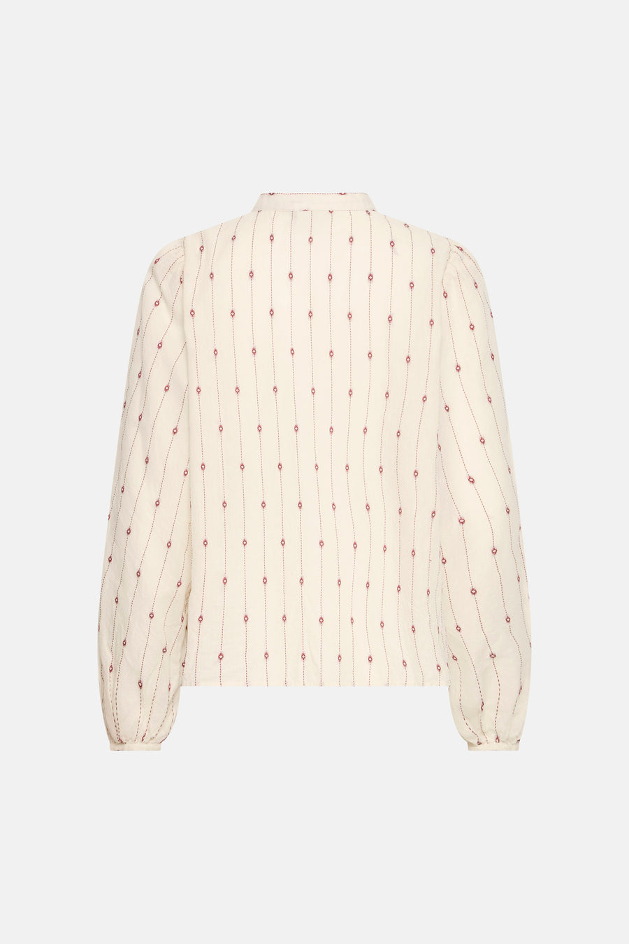 Chemisier blanc à rayures fines rouges et motifs discrets, de ICHI, vue dos, manches longues bouffantes