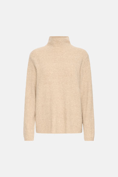 Beige turtleneck sweater with ribbed texture and vertical panel detailing, front view