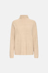 Beige turtleneck sweater with ribbed texture and vertical panel detailing, front view