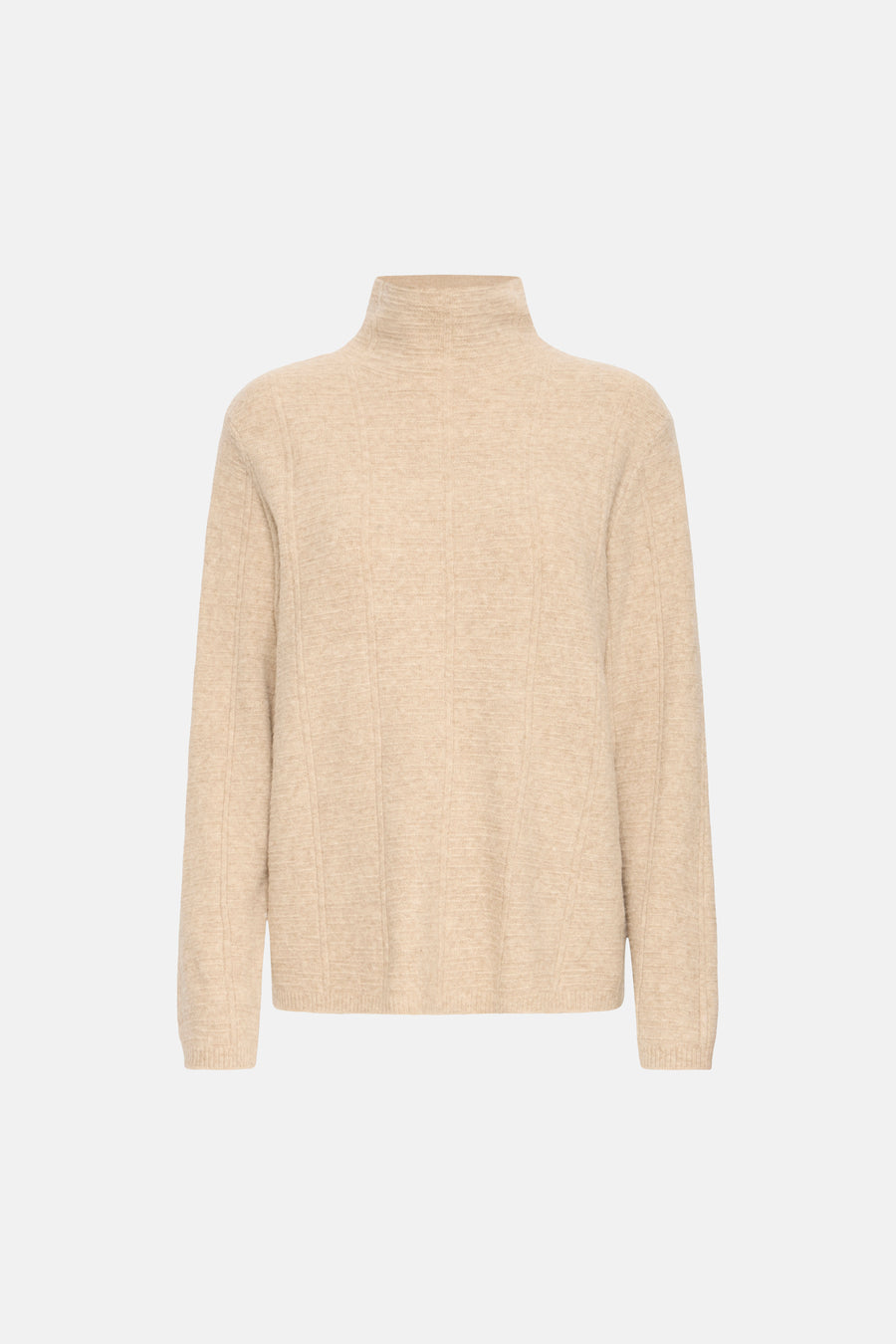 Beige turtleneck sweater with ribbed texture and vertical panel detailing, front view