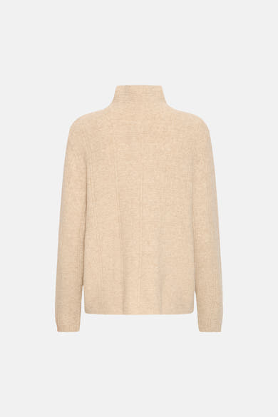 Beige turtleneck sweater with ribbed texture and vertical panel detailing, back view