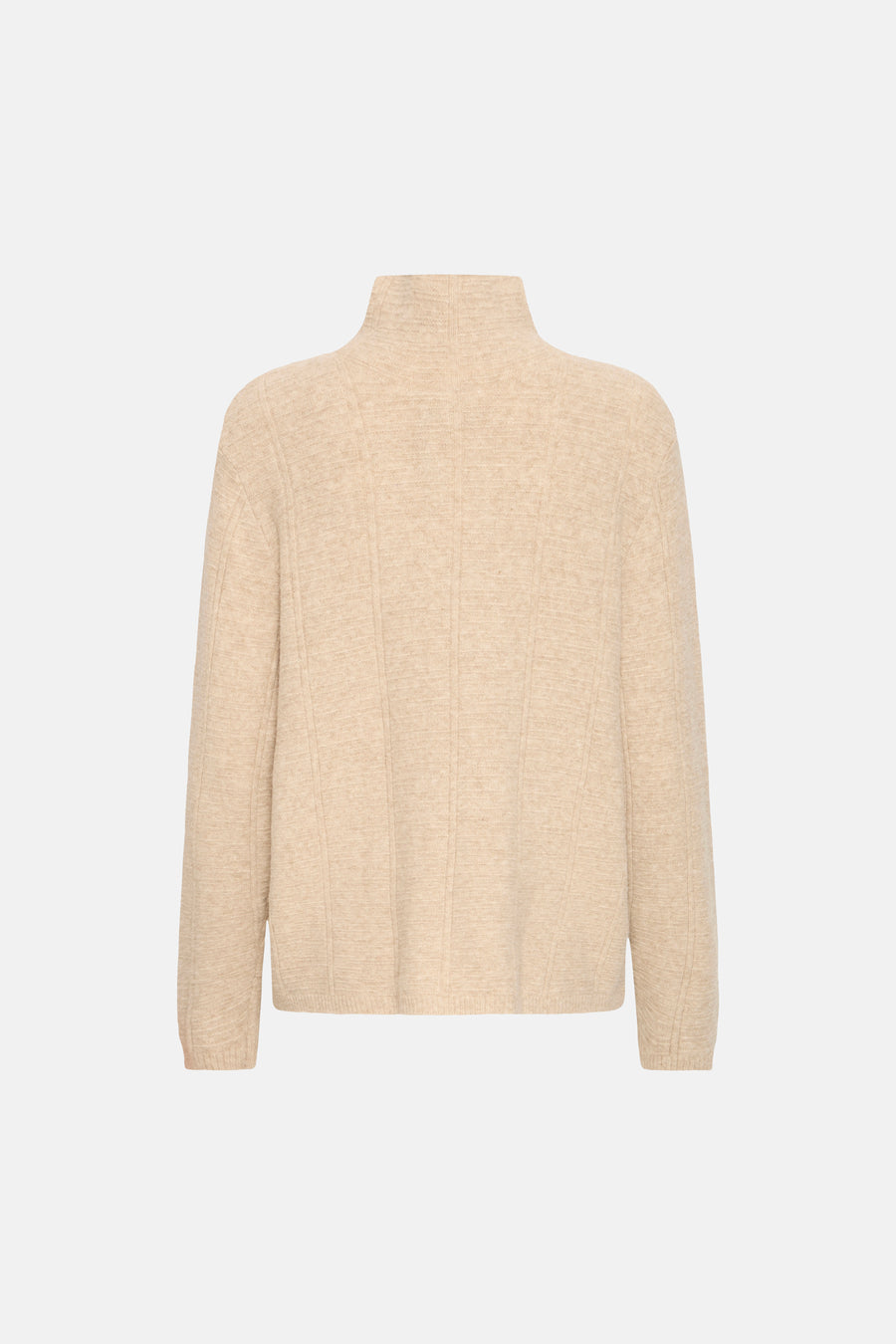 Beige turtleneck sweater with ribbed texture and vertical panel detailing, back view