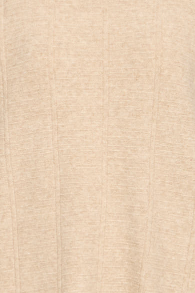 Beige ribbed knit sweater with vertical texture, close-up view of fabric detail