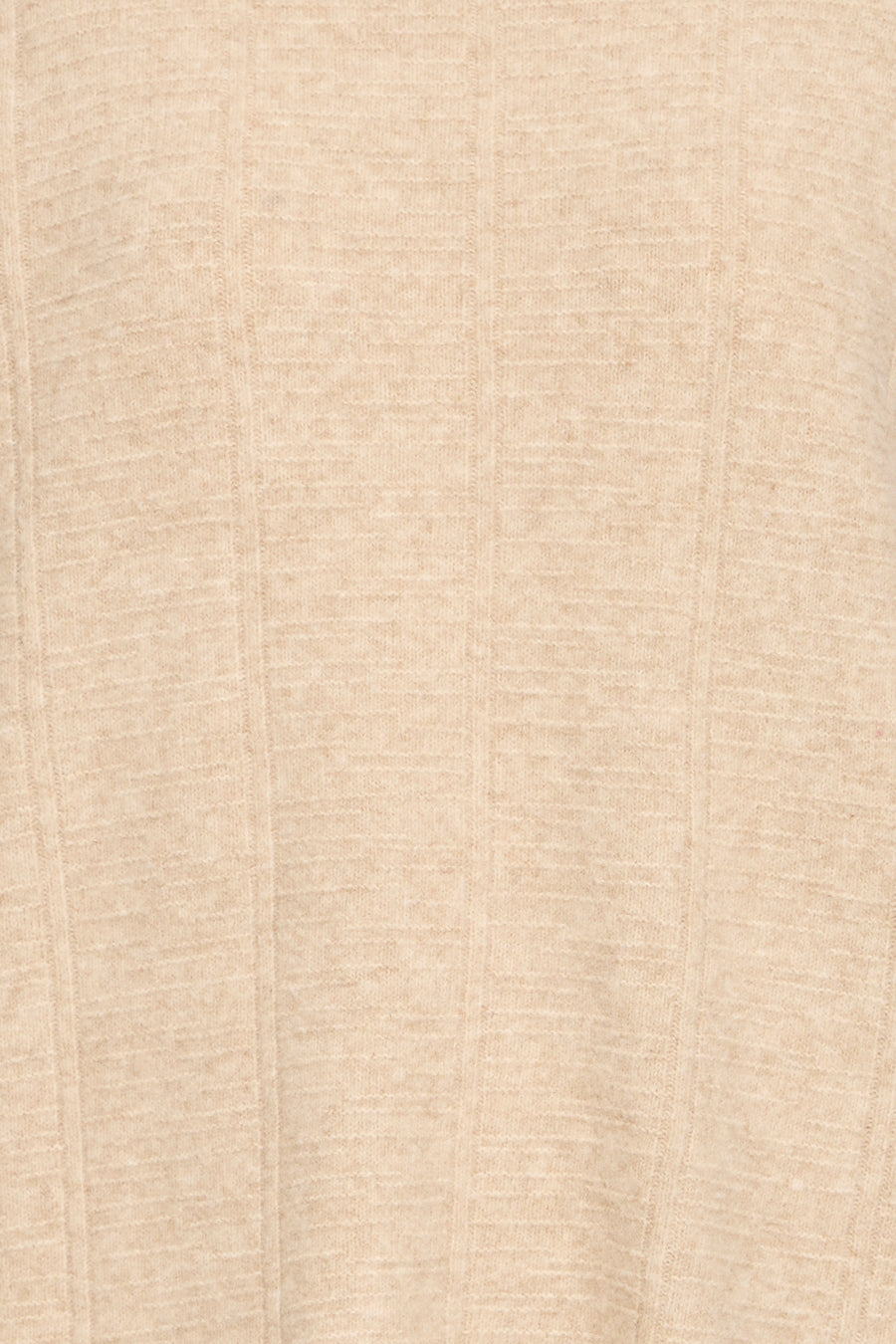 Beige ribbed knit sweater with vertical texture, close-up view of fabric detail