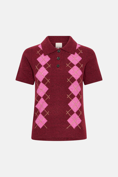 Burgundy knit polo shirt with pink argyle pattern and three-button placket, front view