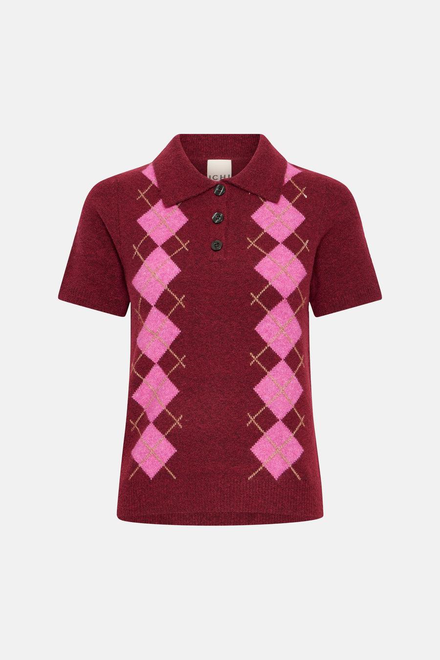 Burgundy knit polo shirt with pink argyle pattern and three-button placket, front view