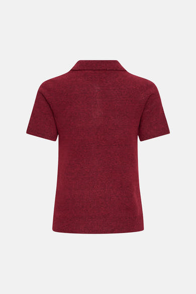 Red short-sleeve crewneck sweater with ribbed neckline and hem, back view, textured knit fabric