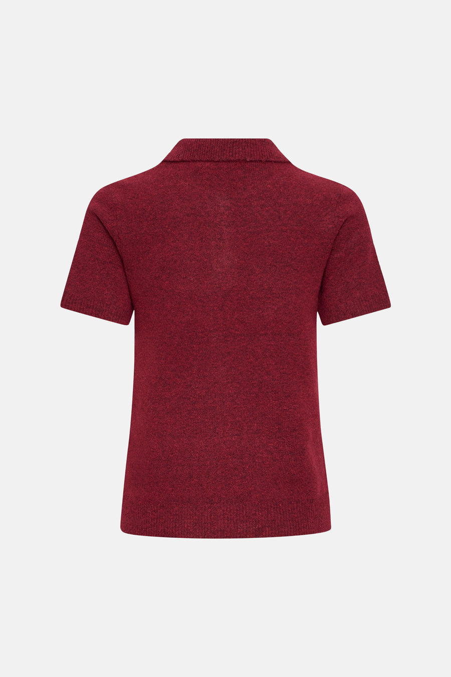 Red short-sleeve crewneck sweater with ribbed neckline and hem, back view, textured knit fabric
