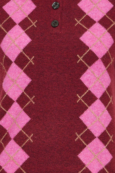 Red O-neck sweater with pink and gold argyle pattern, featuring two dark buttons on front placket, close-up view