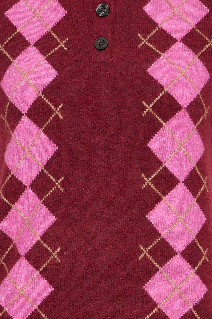 Red O-neck sweater with pink and gold argyle pattern, featuring two dark buttons on front placket, close-up view