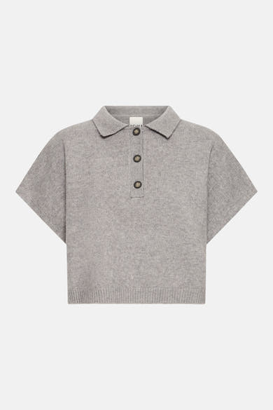 Grey knit polo-style débardeur by ICHI, featuring short sleeves, ribbed hem, and three-button placket, front view.