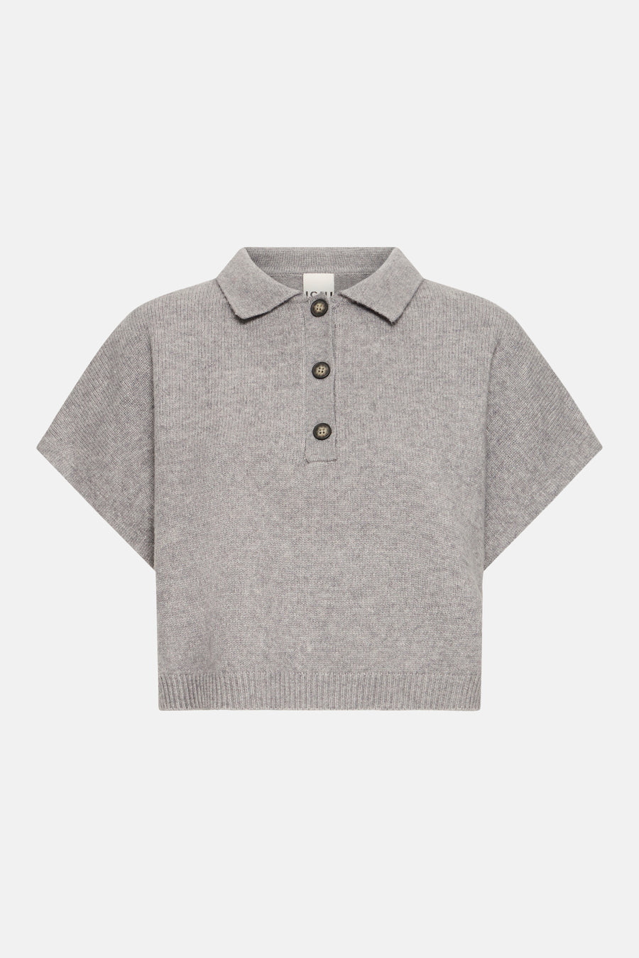 Grey knit polo-style débardeur by ICHI, featuring short sleeves, ribbed hem, and three-button placket, front view.