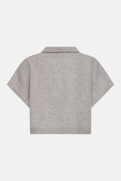Grey knit short-sleeve top by ICHI, back view, ribbed collar and hem, textured fabric