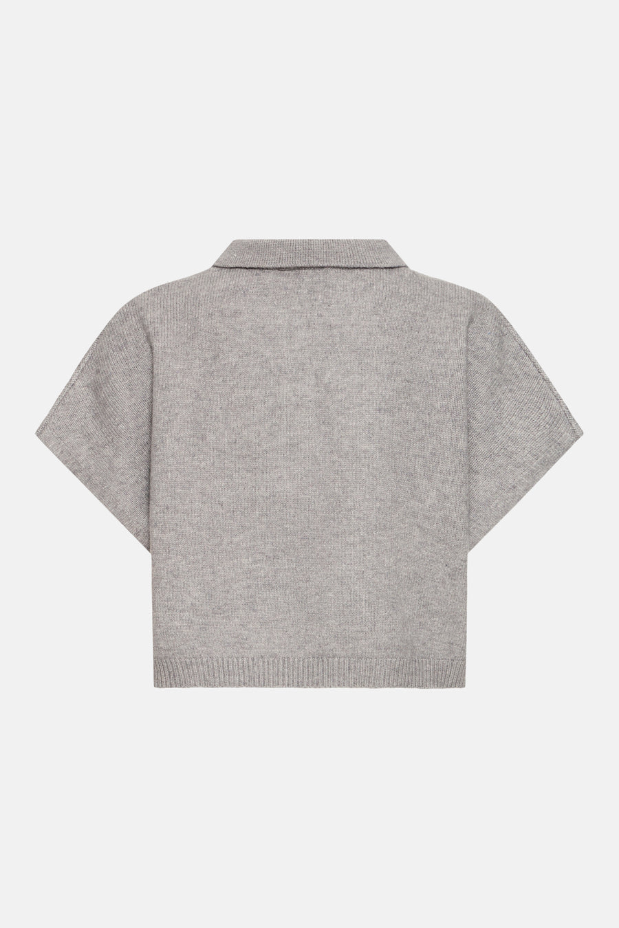 Grey knit short-sleeve top by ICHI, back view, ribbed collar and hem, textured fabric