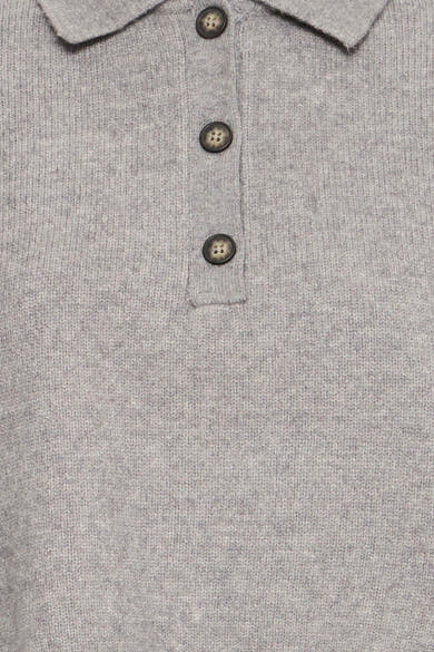 Grey knit polo top by ICHI with ribbed texture and dark buttons, close-up front view