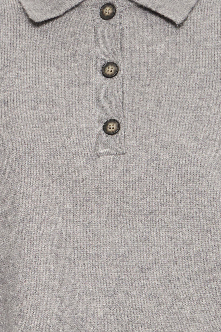 Grey knit polo top by ICHI with ribbed texture and dark buttons, close-up front view