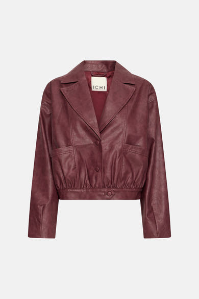 Burgundy faux leather cropped jacket by ICHI with notched lapel, front buttons, and side pockets, shown front view