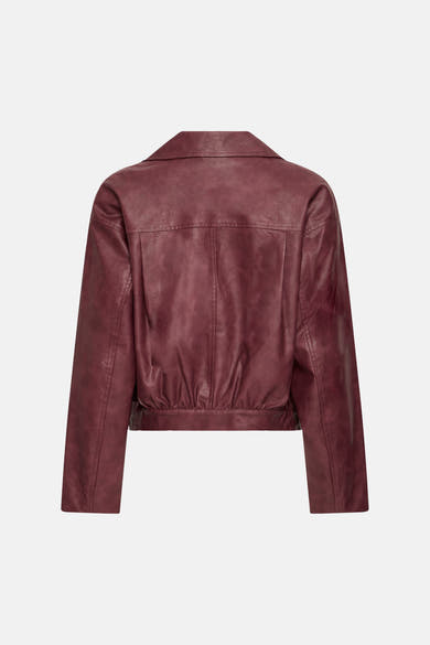 Burgundy faux leather jacket by ICHI, back view with structured shoulders and elasticated hem, smooth texture and clean stitching.